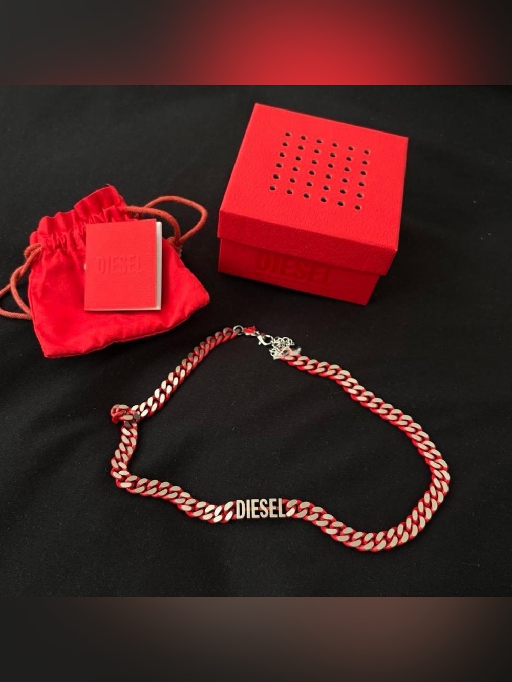 Diesel Red & Silver Curb Chain Necklace Y2K Logo Jewelry